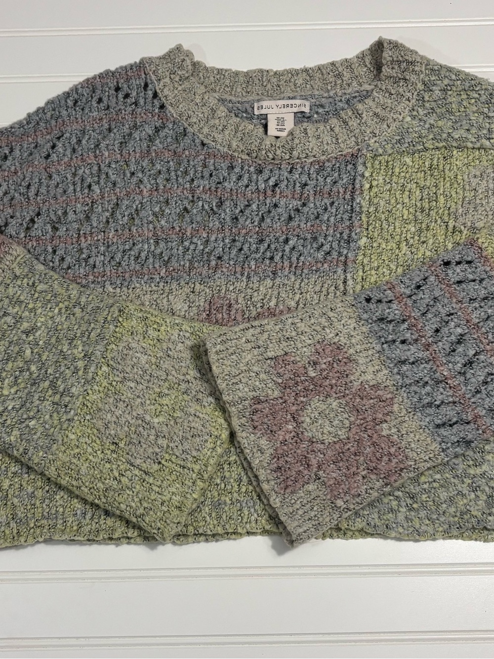 Sincerly Jules Multicolor Patchwork Crewneck Sweater — Sage, Pink & Gray